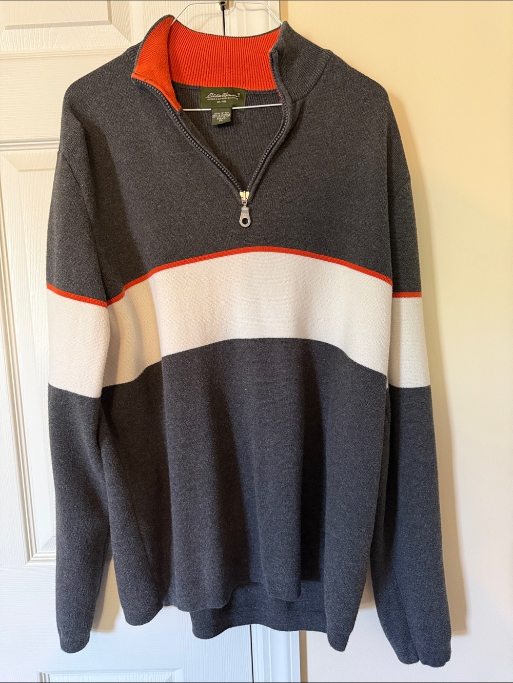 Eddie Bauer Men's Charcoal Half-Zip Sweater with White Band and Orange Trim